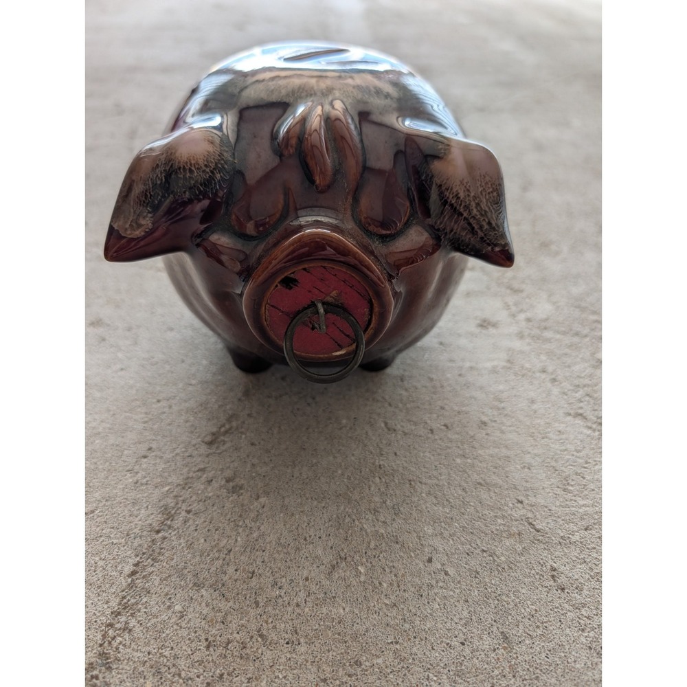 Vintage Hull Pottery 1957 Corky Pig Piggy Bank Brown Pink Drip With Cork & Ring